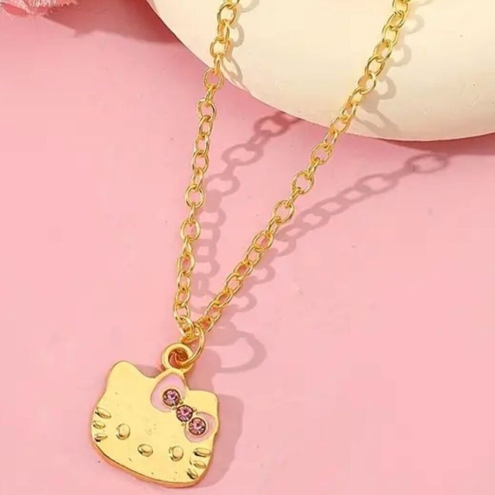 Necklace Hello Kitty Heart Rhinestone Pendant Gold Sanrio Goth Emo Scene Rave
